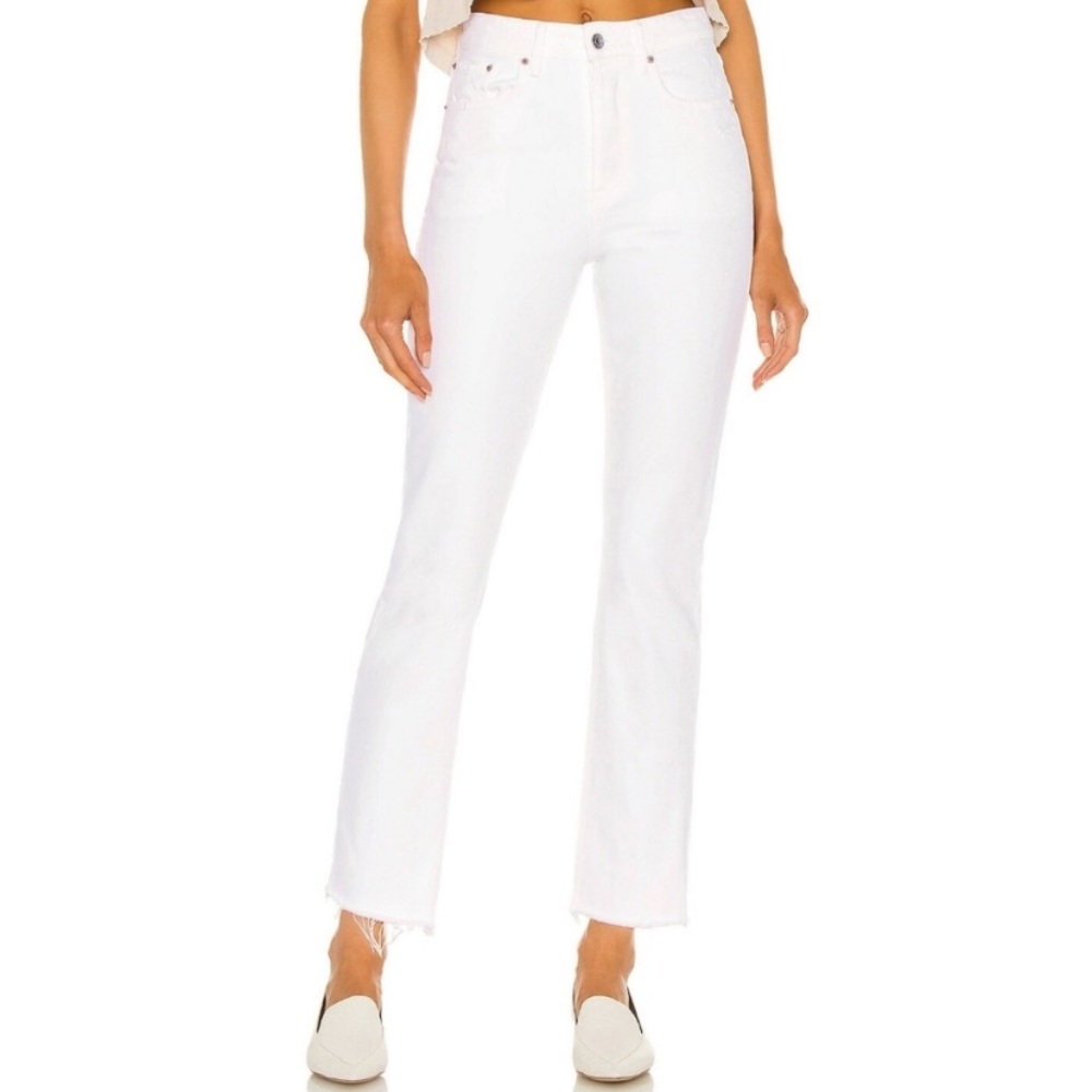 NEW GRLFRND Karolina Distressed High Rise Straight Raw Hem Crop Rigid Denim